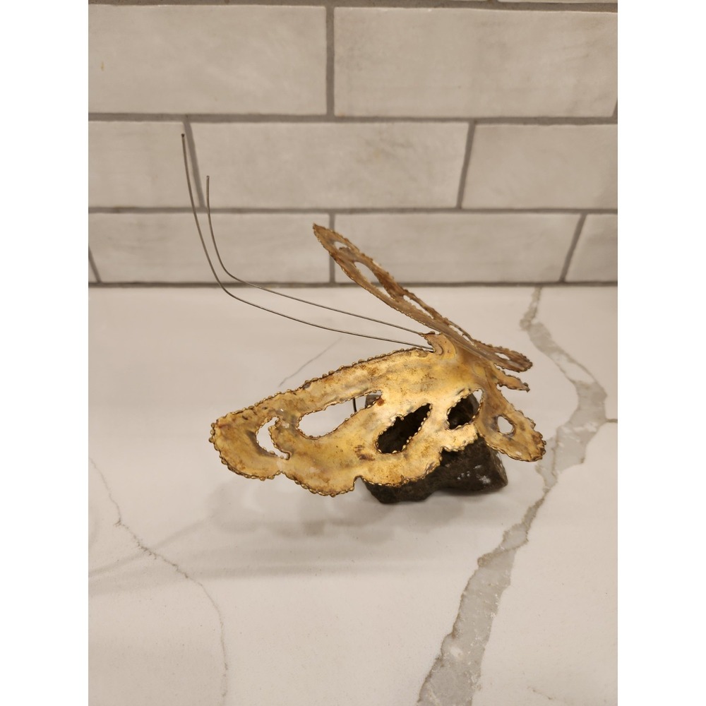 MCM Brutalist Kinetic Metal Art Sculpture Brass Butterfly on Real Rock Stone - Picture 2 of 14